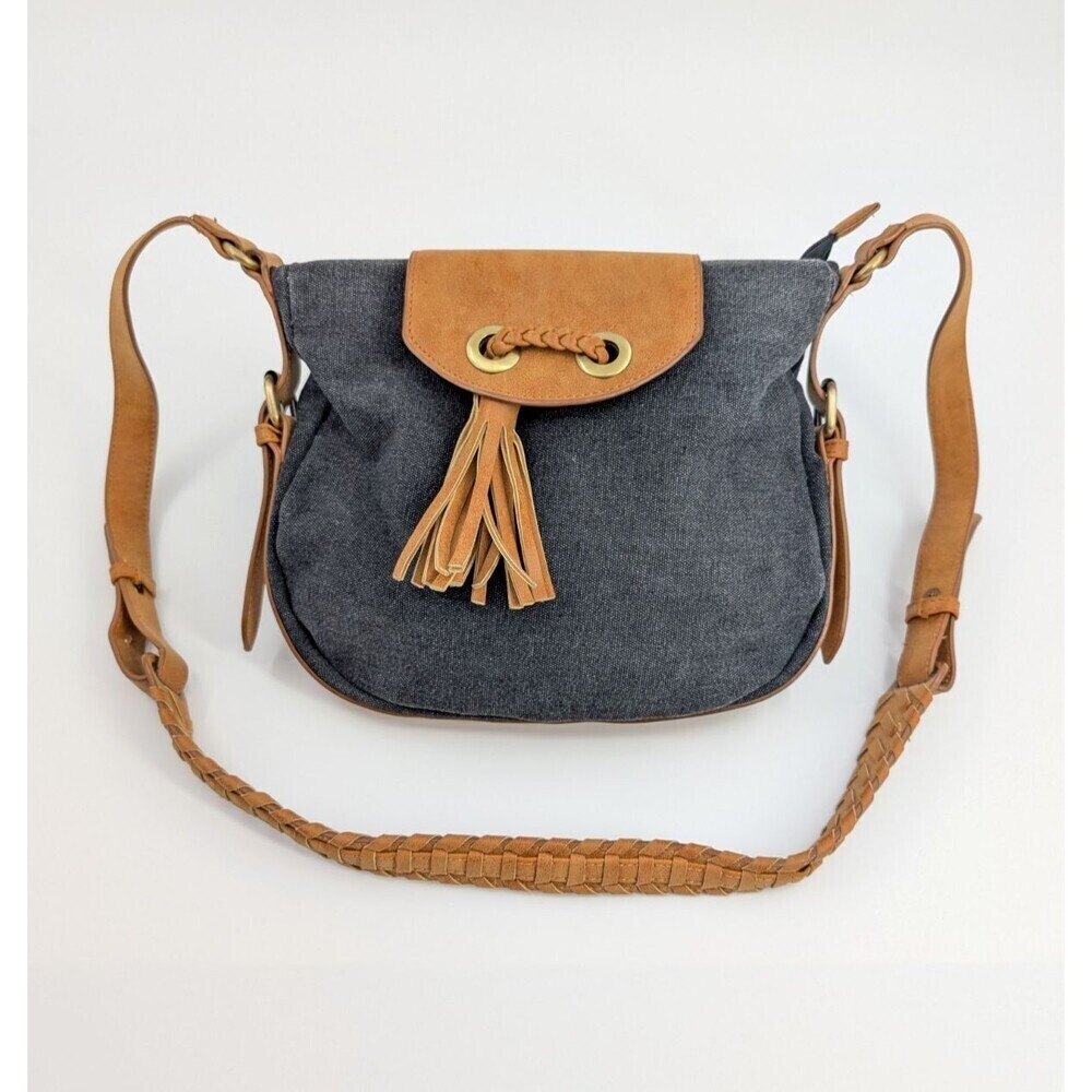 Nila Anthony‎ Shoulder Bag Gray Canvas Vegan Leather Tassels Boho Chic Festival